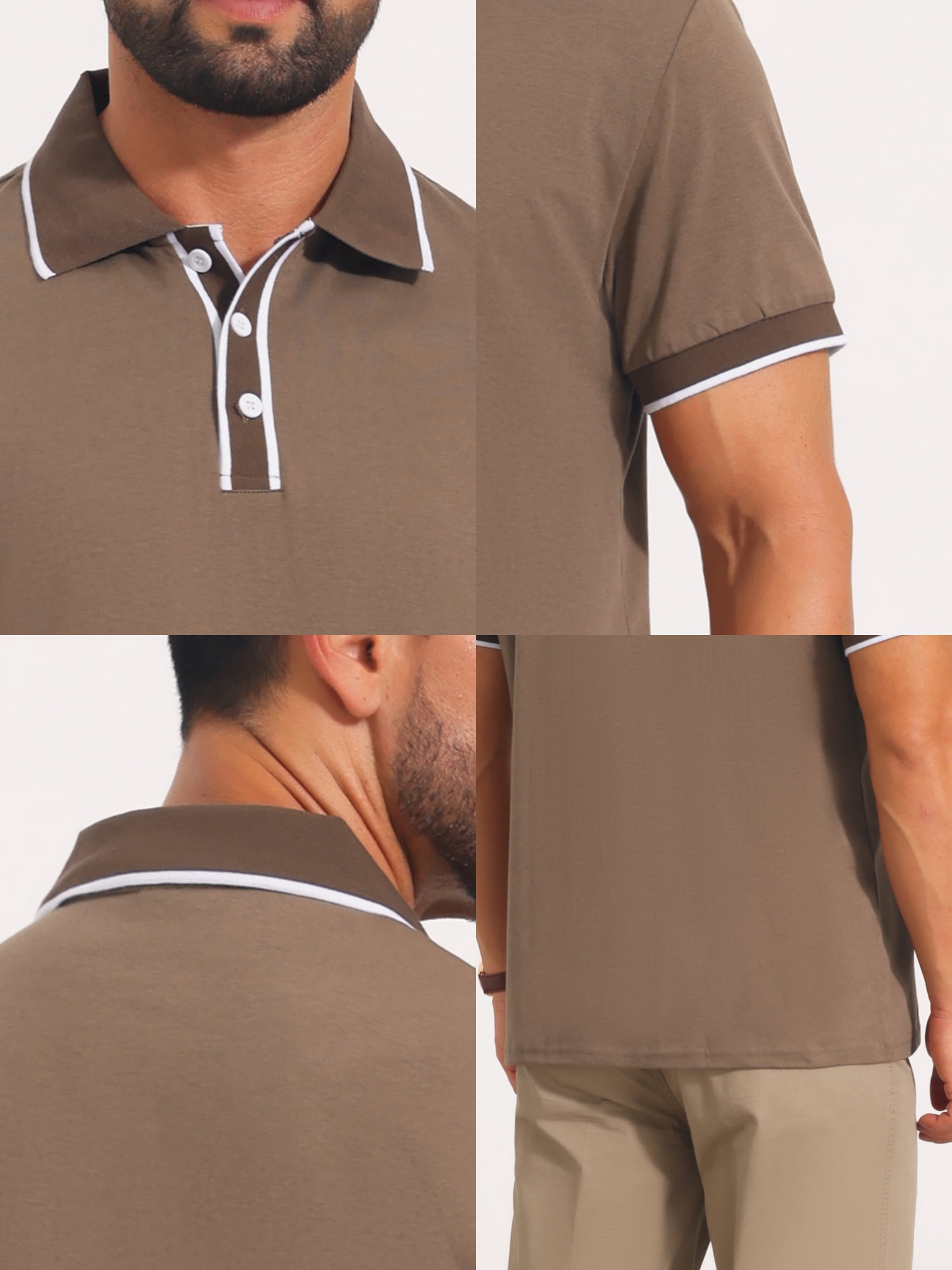 DARING DIVA Men's Contrast Trim Short Sleeve Button Closure Polo Shirts 2XL Khaki