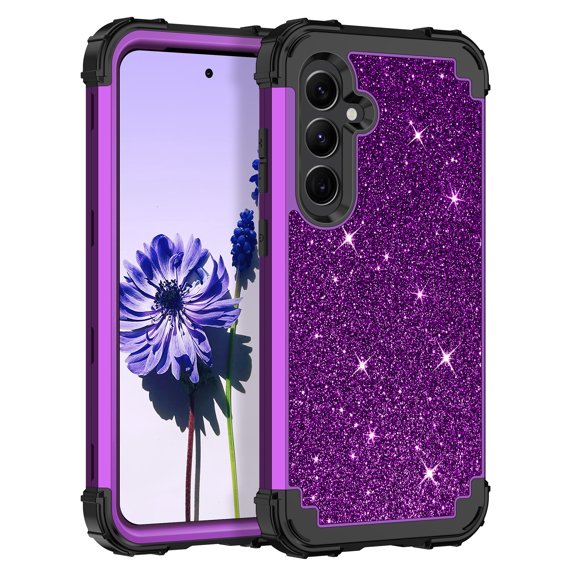 Casetego for Samsung Galaxy S24 Plus 5G Case,Glitter Shockproof Three-Layer Heavy Duty Hybrid Sturdy High Impact Protective Cover Girls Women,Black