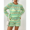 thumbnail image 3 of FOCUSNORM Ensemble de Vêtements pour Femmes 2 Pcs Shorts d'Automne Rayures Patchwork Col Rond Manches Longues Pull Hauts Tricotés Shorts, 3 of 8