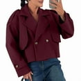 thumbnail image 3 of Women'S Cropped Trench Coat Double Breasted Lapel Collar Short Jacket Long Sleeve Fall Winter Outerwear Wine Red S, 3 of 7