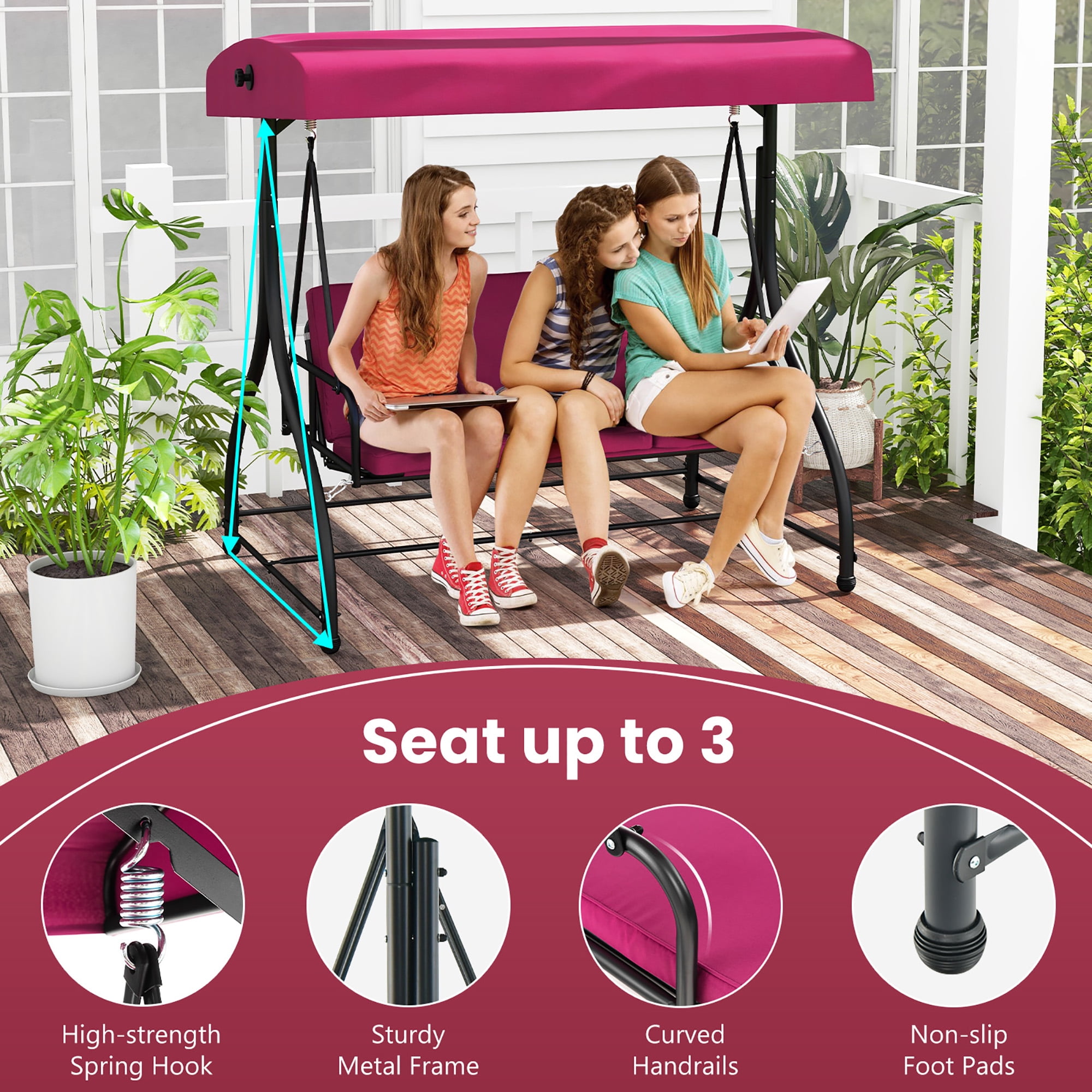 Gymax Converting Patio Swing Chair Porch Swing Bed w Adjustable Canopy Thickened Cushion Wine