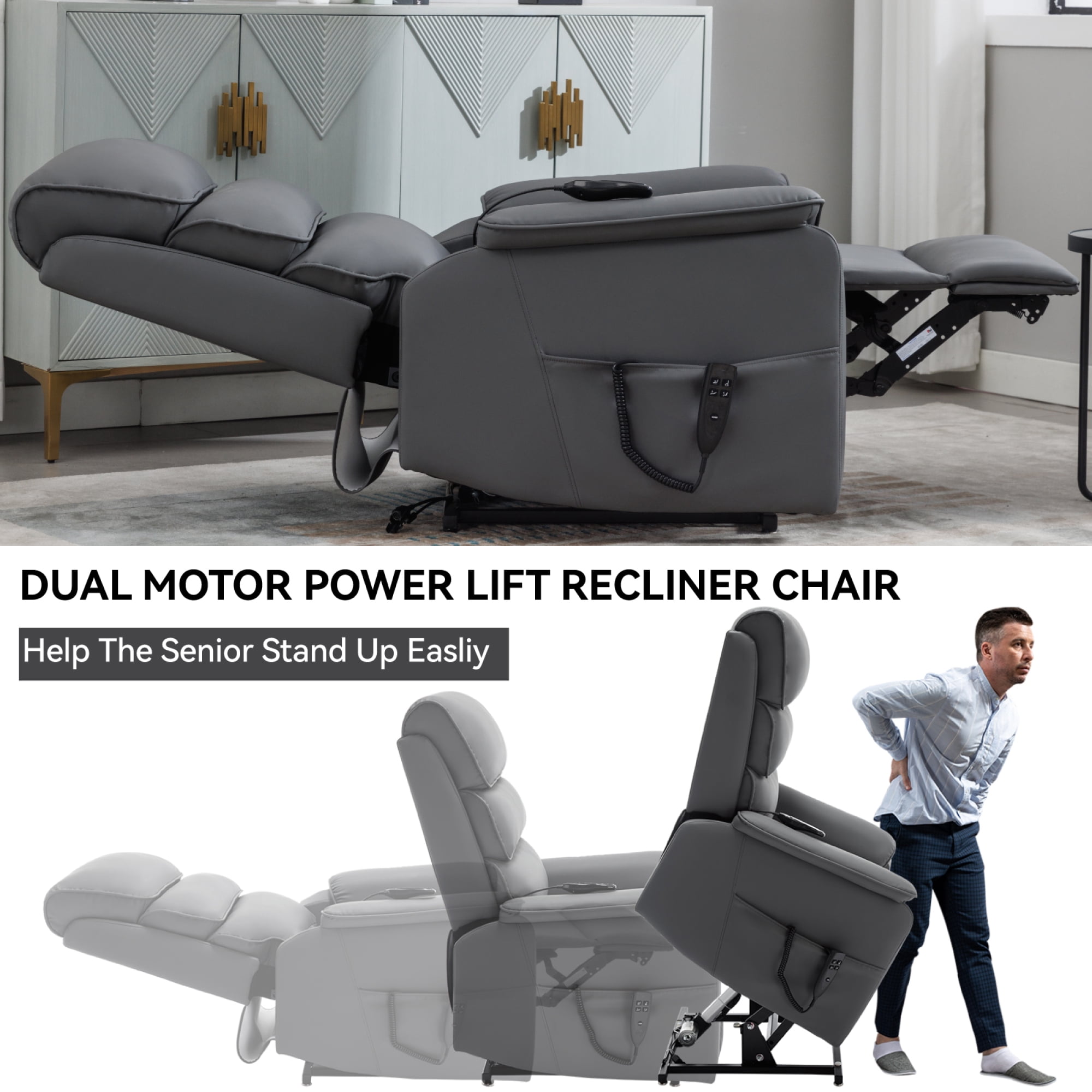 Leumius Power Lift Recliner Chair for Elderly with Vibration Massage and Lumbar Heating,Electric Lift Recliner Single Sofa with Side Pocket and Infinite Position for Living Room,Gray