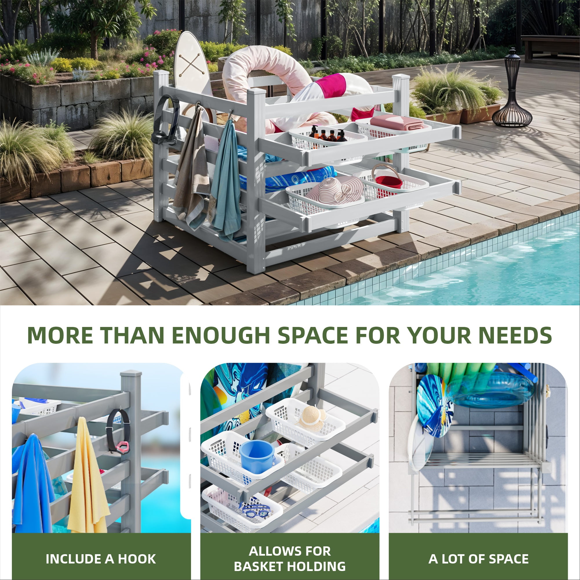 Uforic Outdoor Waterproof Storage Organizer with 6 Hooks, Pool Deck Box, Patio Bin, 64"W x 47"L x39"H, Light Gray