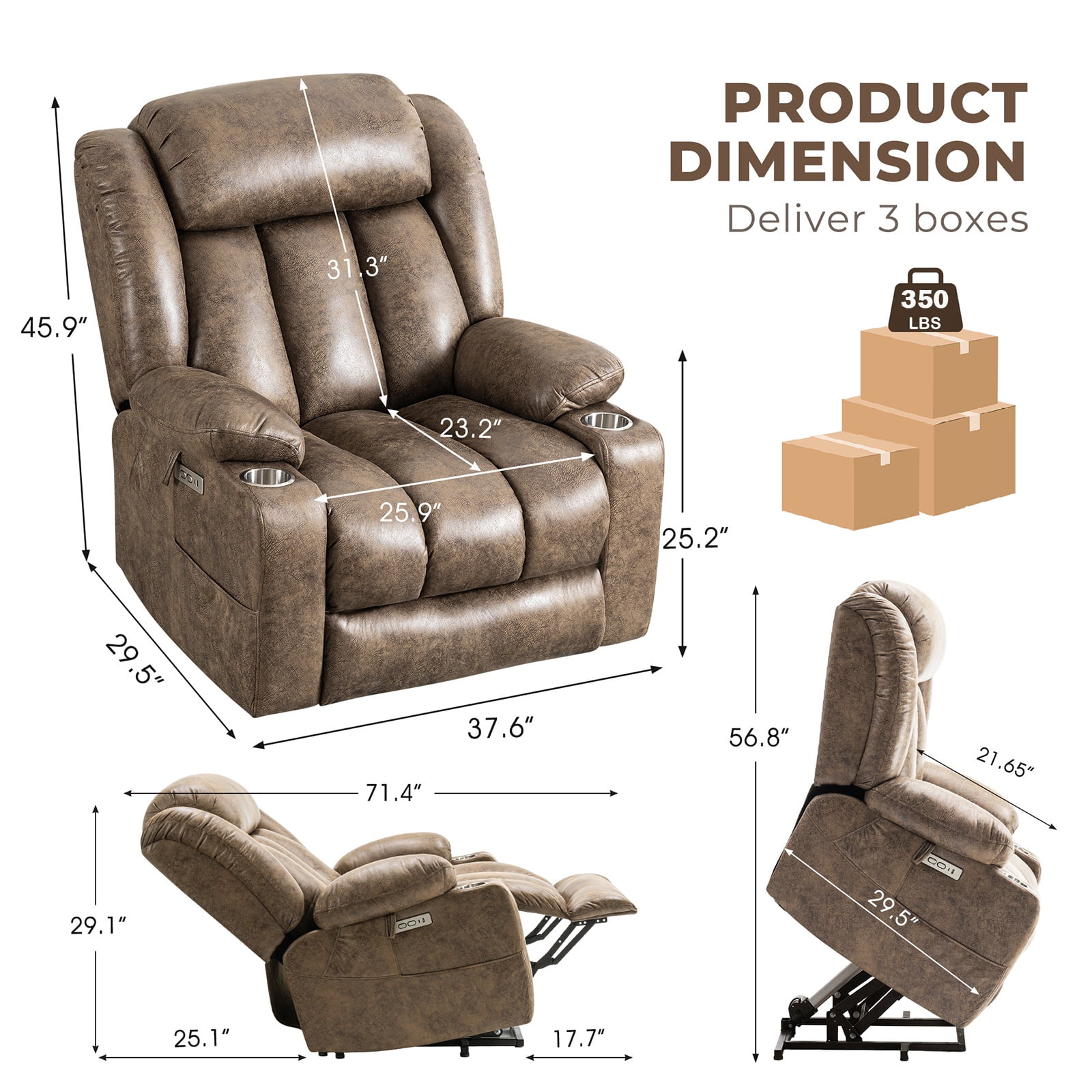 JULY'S SONG Overstuffed Leather Recliner Chair with Massage and Heat, Power Lift Chairs for Elderly with Cup Holders, Electric Oversized Recliners for Adults with Charge Ports, Brown