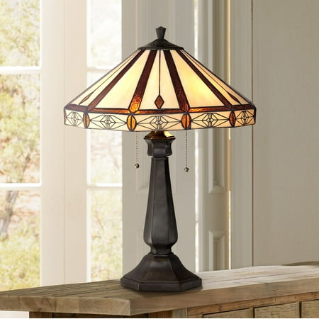 - Robert Louis Tiffany Mission Table Lamp Bronze Octagonal Art Glass Shade for Living Room Family Bedroom Bedside Nightstand Office