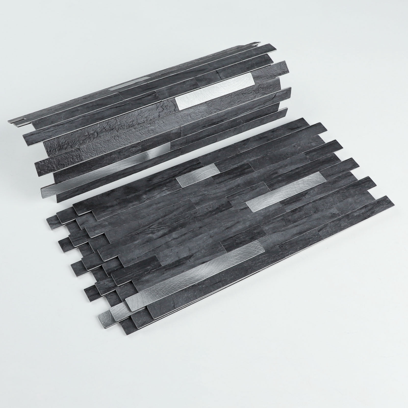22-Sheet Peel and Stick Backsplash Stone Tile, Self Adhesive Slate Black Grey Linear Stick on Wall Tiles for Kitchen Bathroom(10.44 sq.ft)