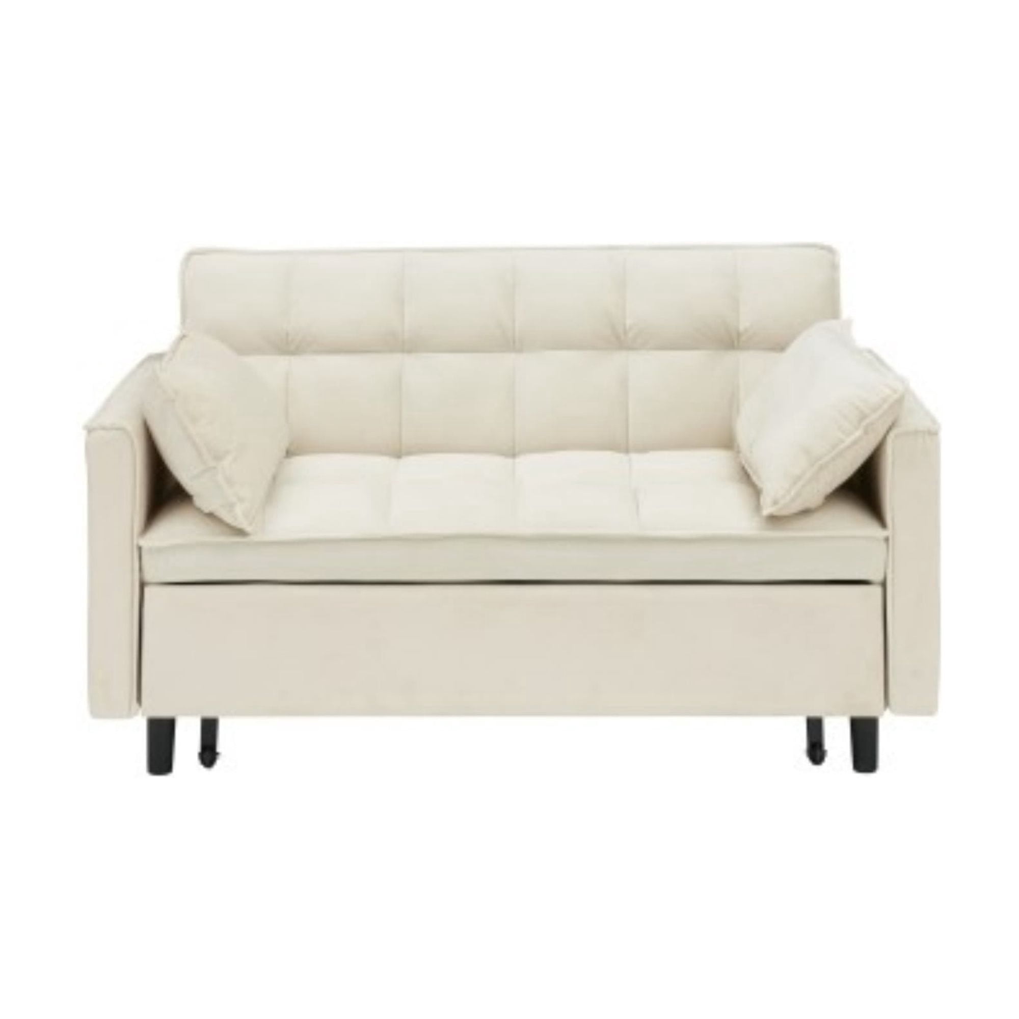 Velvet Loveseat Sofa Bed, 3-in-1 Convertible Sleeper Couch with Pullout Bed & Reclining Backrest, Beige