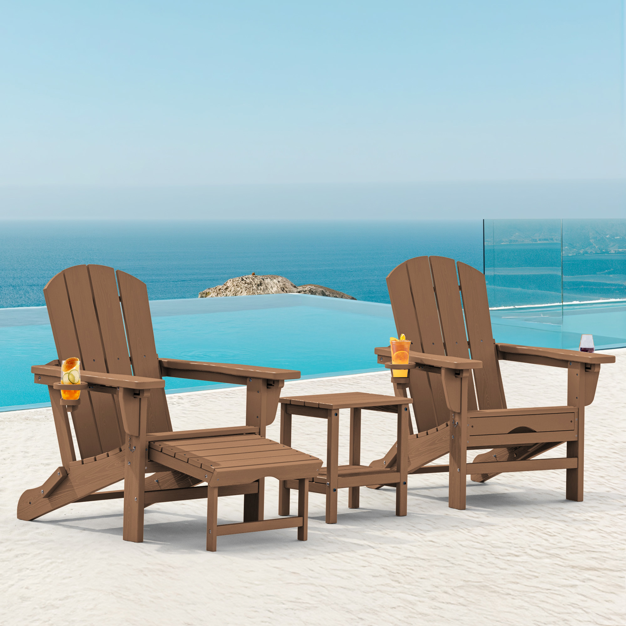 SERWALL Adjustable Folding Adirondack Chair with Footrest & Dual Cup Holders, HDPE Foldable Multifunctional Adirondack Chair with Ottoman for Patio, Outdoor, Garden, Brown
