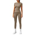thumbnail image 6 of QIYAGBSA Workout Sets for Women Short Sleeve Crew Neck Top High Waist Leggings Stretch Athletic Two Piece Outfit (Khaki, M), 6 of 6