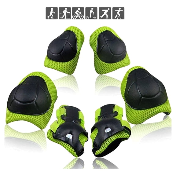 Rirool Green and Black Kids Protective Pads Set, 6-Piece Knee, Elbow and Wrist Guard Safety Gear with Breathable Mesh for Ages 3-10, Skateboarding, Cycling, Scooter and Roller Skating