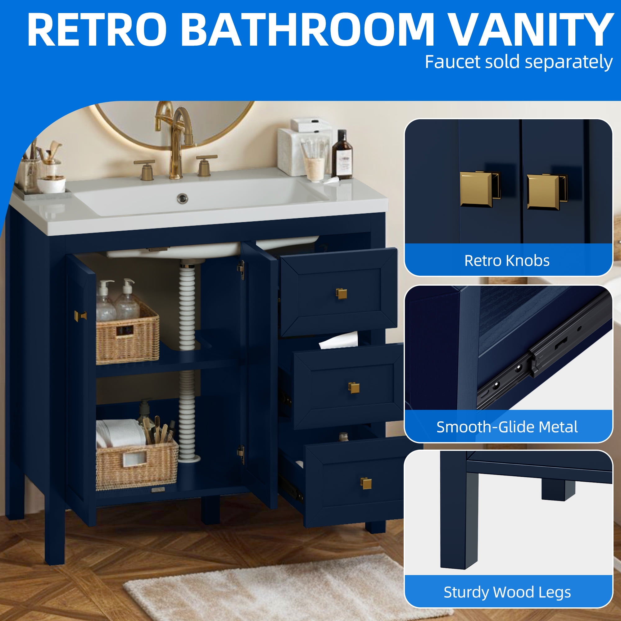 Dextrus 36'' Modern Bathroom Vanity with Sink Combo, Freestanding Bathroom Storage Cabinet with Drawers & Doors, Blue