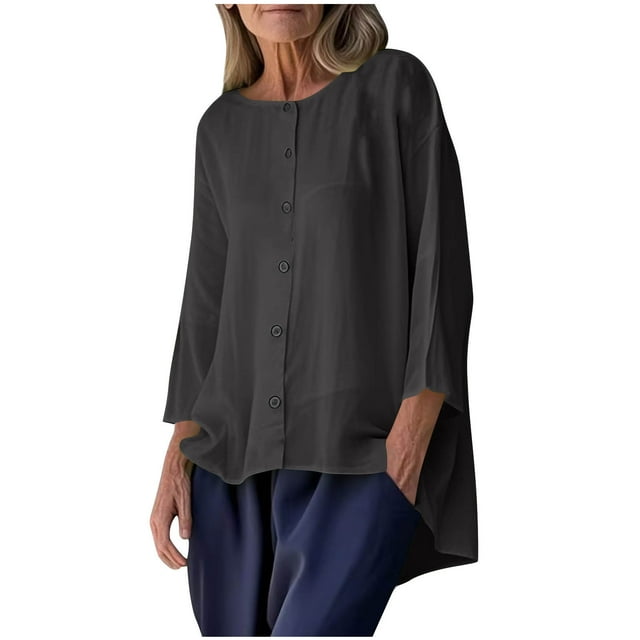 Taqqpue Chemises pour Femmes à Manches 3/4 d'Été à Boutons Col Ras du Cou Blouse Décontractée Coupe Ample T-Shirts Hauts pour Dames