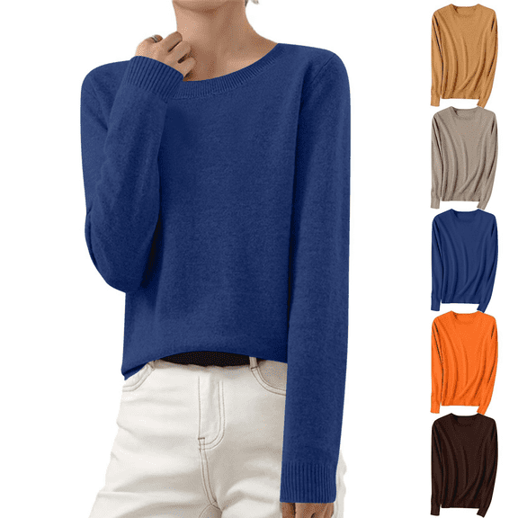 Liuinsasek Sweaters for Women Round-Neck Long Sleeve Plus Oversize Solid Color Pullover Knit Tops Fashion Trendy Casual Winter Clothing