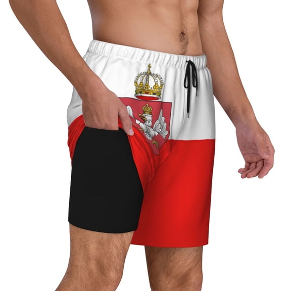 Men's 2 in 1 Swim Trunks with Compression Liner Poland Quick Dry Beach Shorts