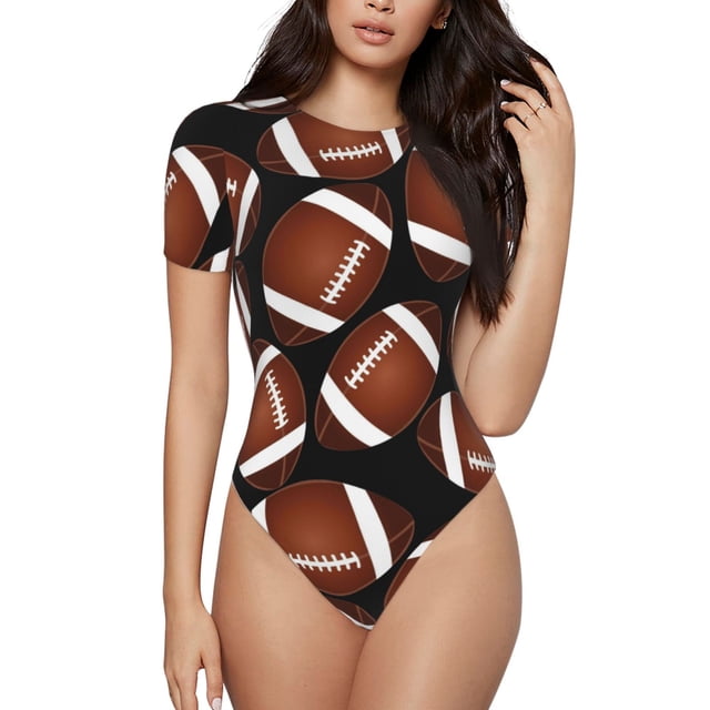 Fotbe Brown Football On Black Body de Mujer con Cuello Redondo y Mangas Cortas, Sin Mangas Ajustado, Suave, Cómodo y Básico-Medium