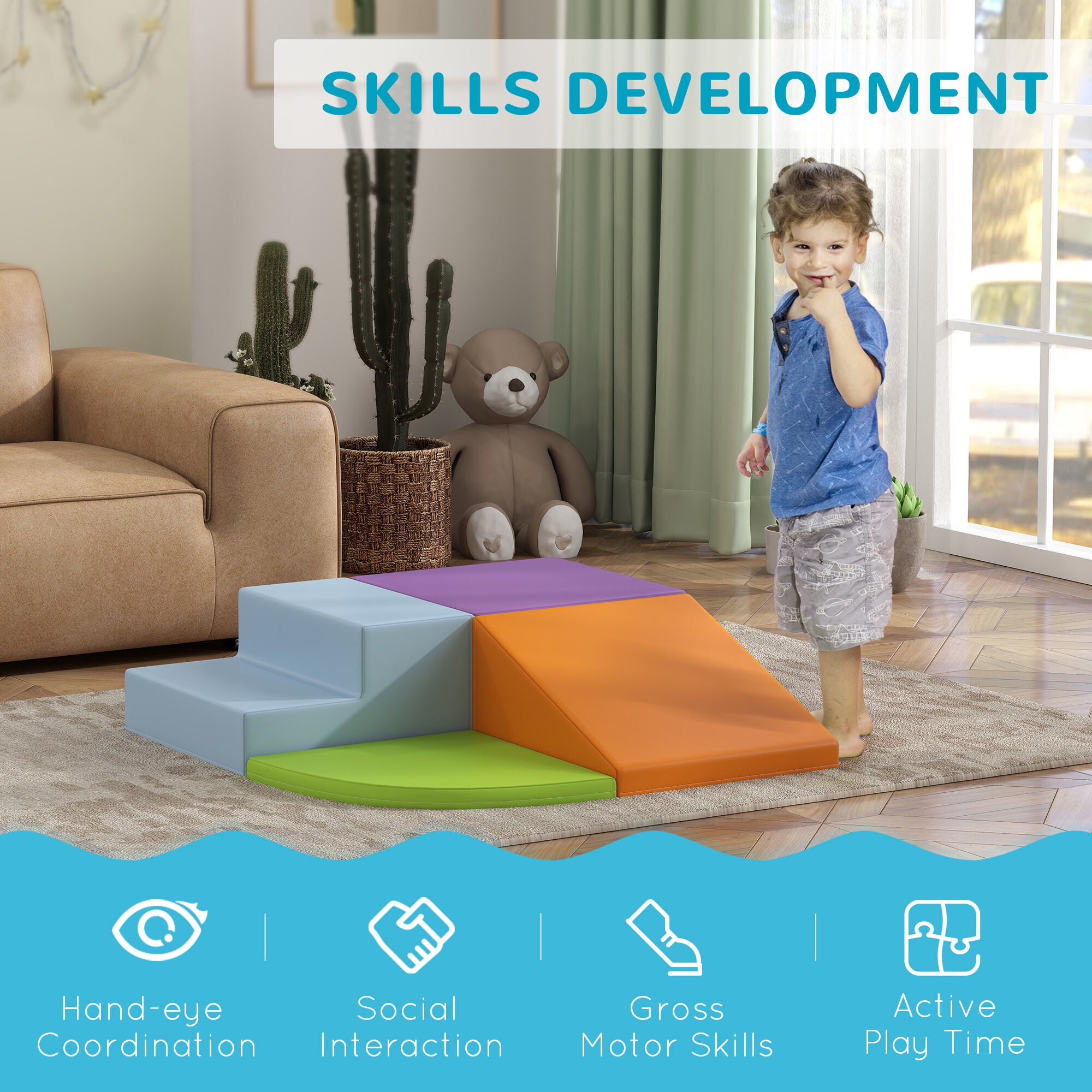 Soft Play Mat Qaba Foam Play Set for Toddlers and Children, Easy-to-clean 4 Piece Soft Indoor Climber & Safe Kids Climbing Set for Crawling or Sliding, Assorted,Baby Play Mat