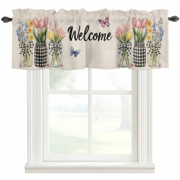 Farmhouse Floral Window Valance Curtain Flower Vase Rod Pocket Valance for Windows Short Curtain for Living Room, Bedroom & Kitchen Window Decor 60x18in