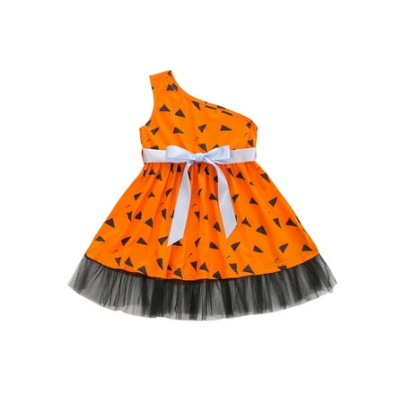 

Sunisery Toddler Infant Kids Baby Girls Halloween Slanted Shoulder Dress with Bow Belt Outfits Orange 4-5 Years