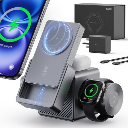 RORRY 4 in 1 Wireless Charging Station Cube with 10000mAh Power Bank, 15W Fast Charger Stand Compatible with iPhone 16/15/14 & Apple Watch & AirPods (45W USB C Charger Adapter Included)