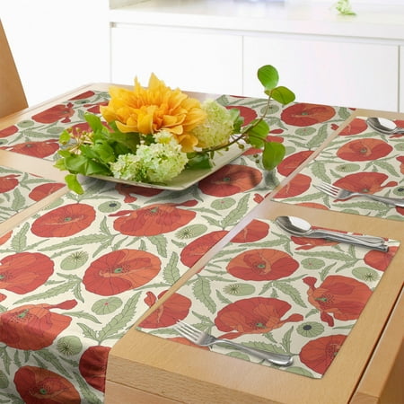 

Floral Table Runner & Placemats Macro Scene Top View of Blooming Poppies with Leaves Set for Dining Table Decor Placemat 4 pcs + Runner 16 x72 Cream Burnt Sienna by Ambesonne