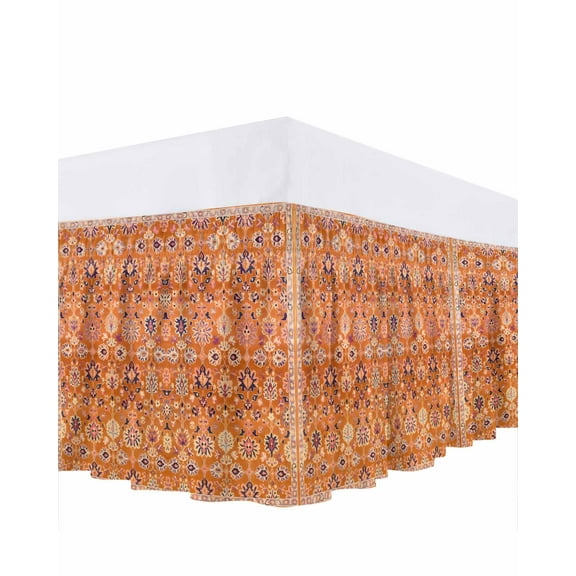 Bohemia Ethnic Style Bed Skirt King Size 16" Drop Retro Pattern Orange Southwest Ruffled Wrap Around Bed Skirts Adjustable Elastic Bedskirt Dust Ruffle for King Size Bed