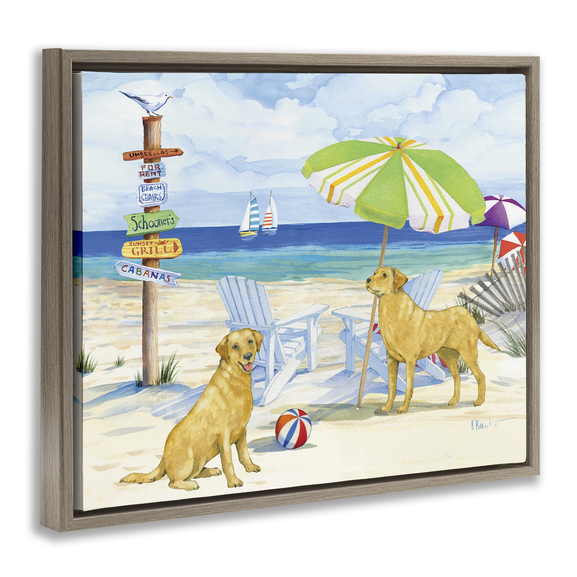 Stupell Industries Retriever Dogs at Beach Animals & Insects Painting Brown Floater Framed Canvas Art Print Wall Art, 21 x 17