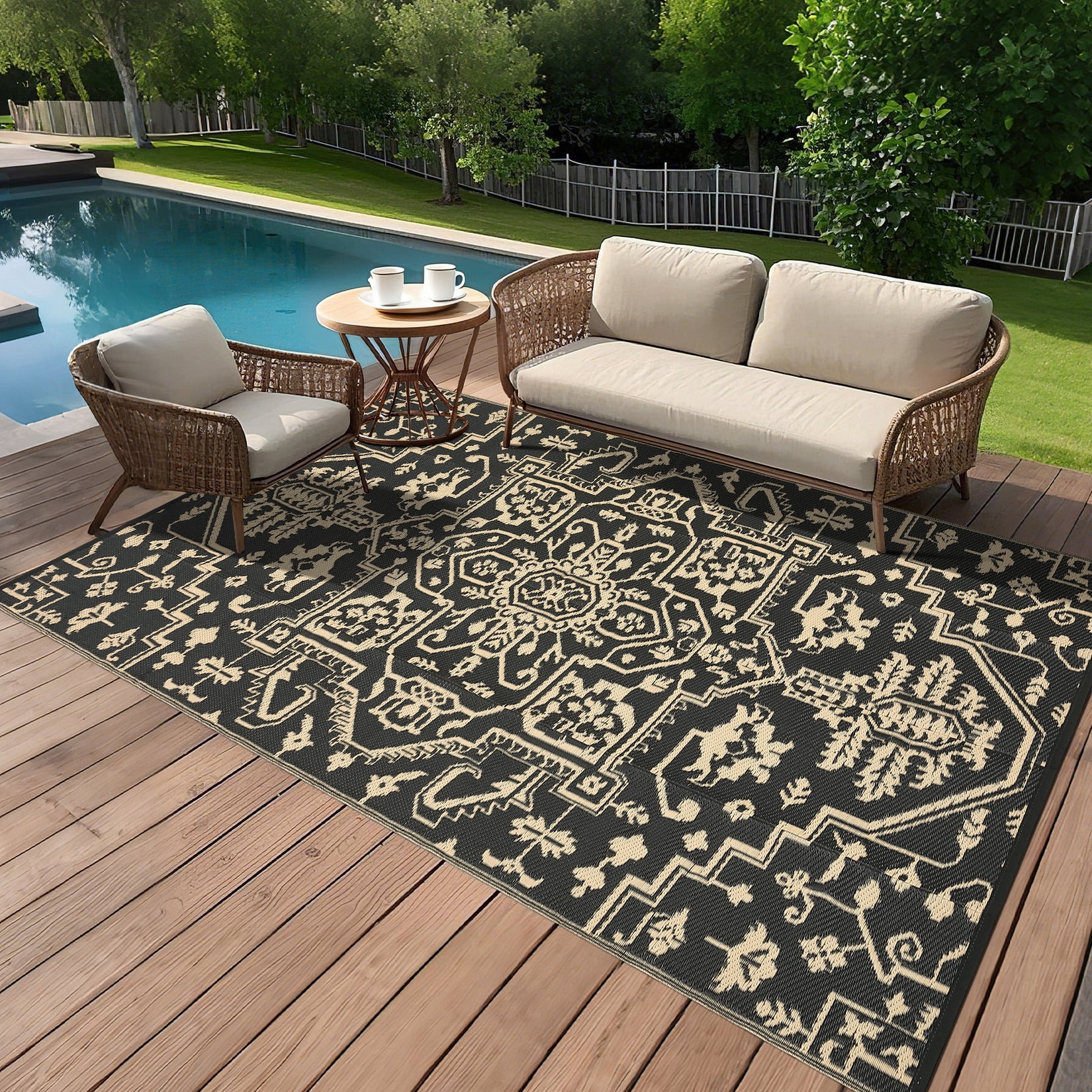 Garvee Large Waterproof Outdoor Rug, 9'x12' Reversible Plastic Straw Patio Rug Vintage Boho Camping Rugs UV-Resistant Outdoor Carpet for RV, Porch Deck Backyard Balcony, Black Coffee
