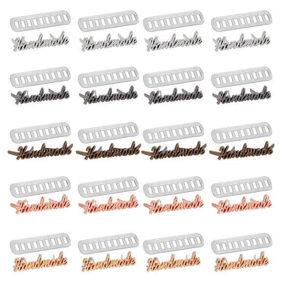 20Pcs 5 Colors Word Alloy Handmade Label Tags with Iron Shim for Bag Making Mixed Color 0.9x3.55x0.35cm 4pcs/color DIY