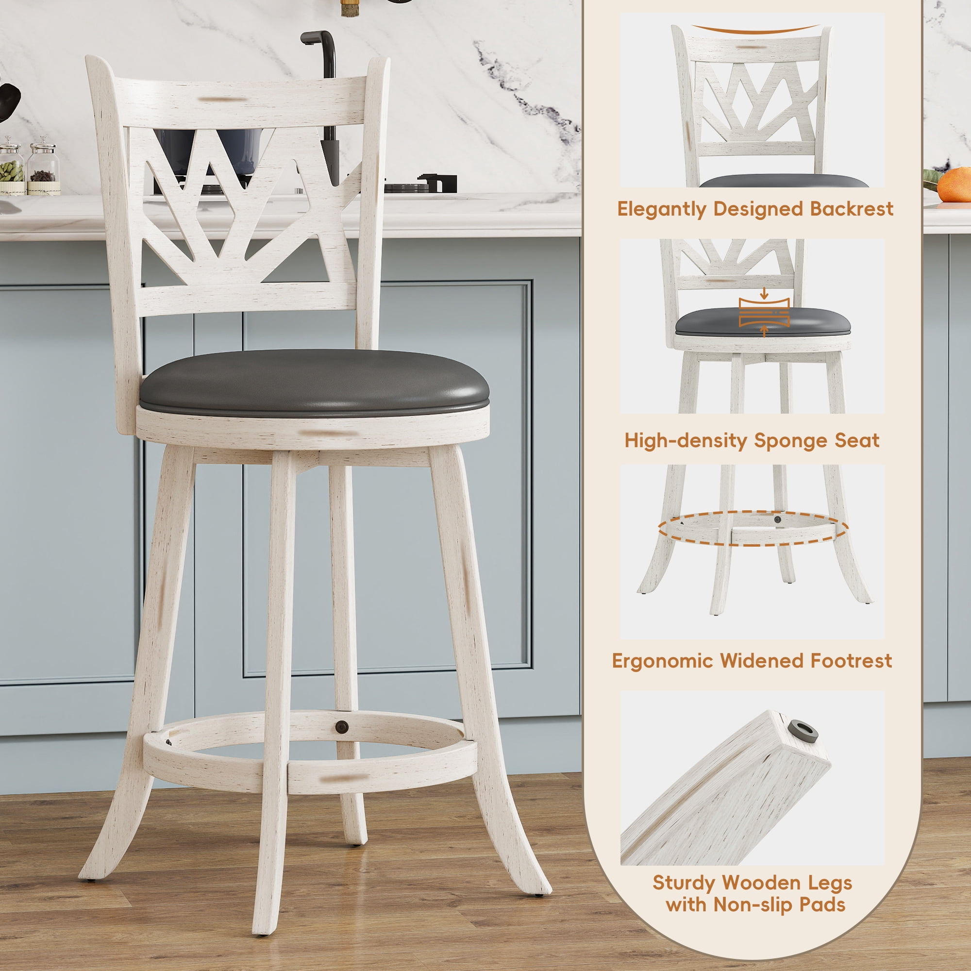 Joywind Farmhouse Swivel Bar Stools Set of 2, 24" Carved Lotus Barstools, Faux Leather Upholstered Counter Chairs with Solid Footrest & Wood Legs, Antique White