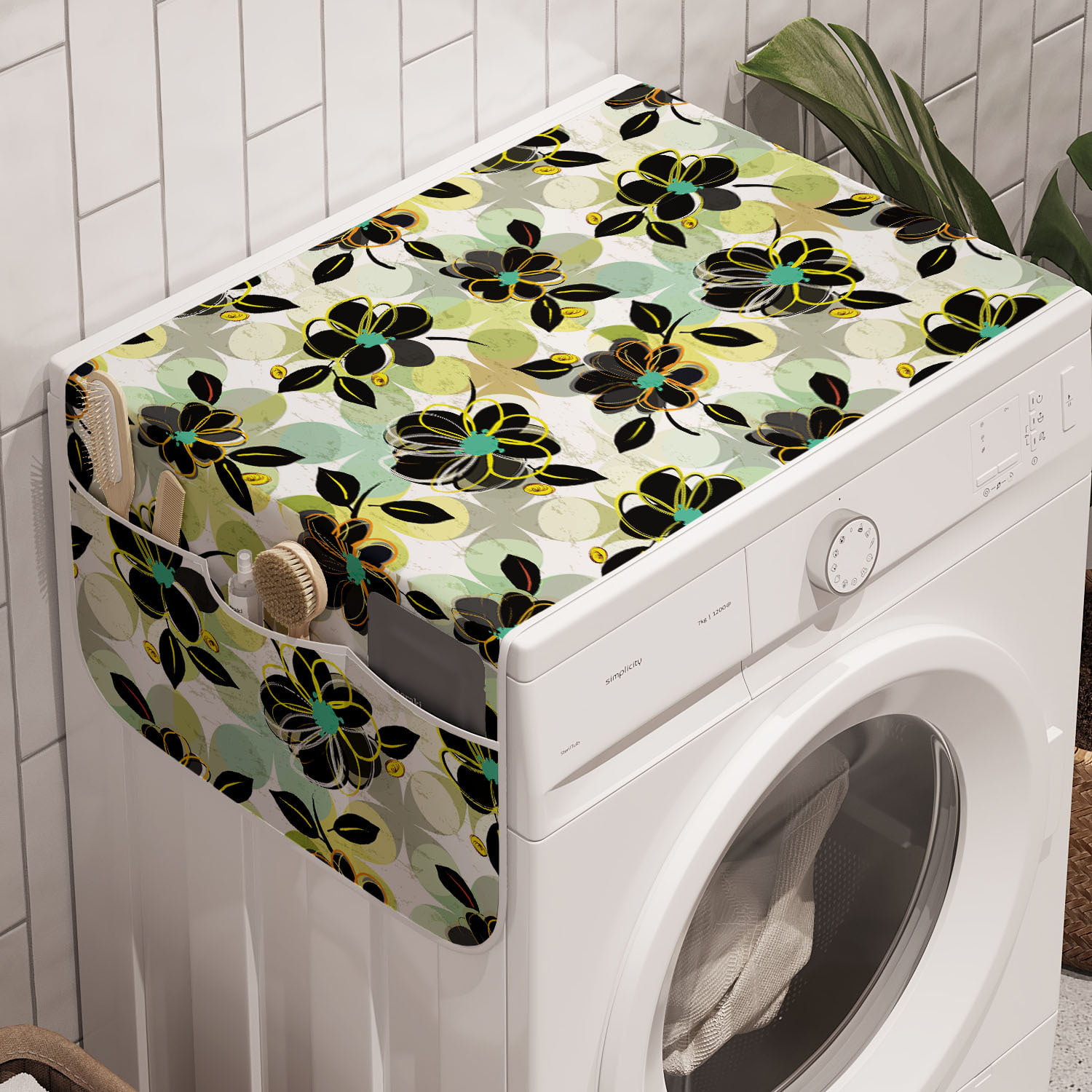 Ambesonne Floral Drawings Washing Machine Organizer Cover for Washer Dryer 