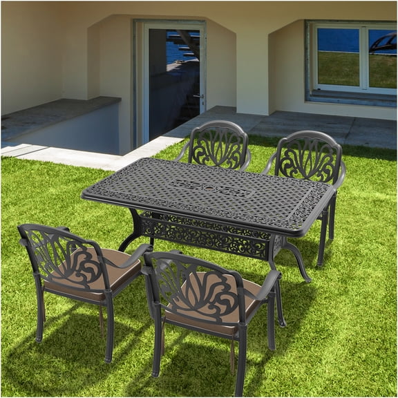 JERFIT 4-Piece Outdoor Patio Dining Set with Table, Stackable Chairs & Brown All-Weather Cushions, Black Cast Aluminum
