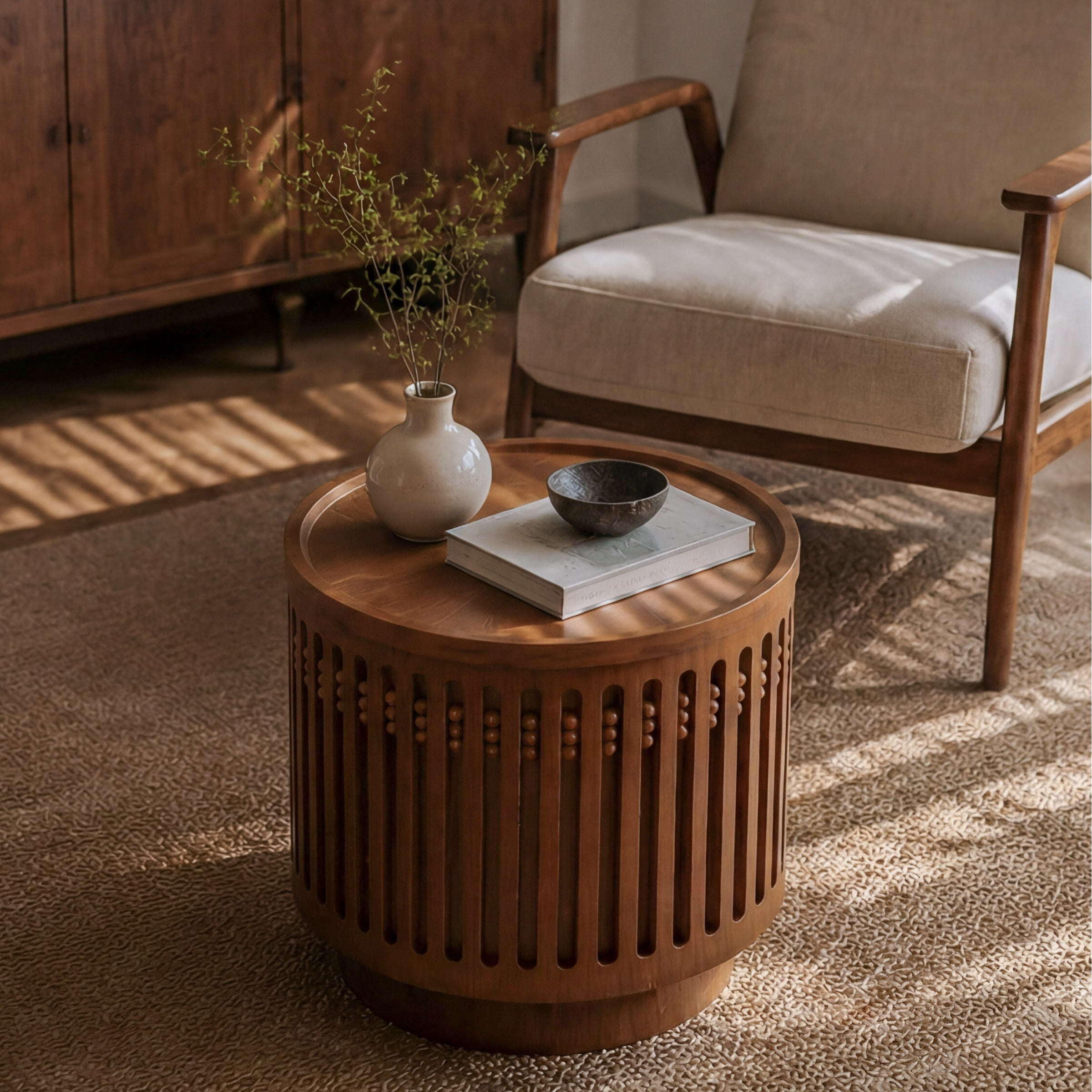 18.9" Round Wooden Side Table, Cylinder Lattice Design End Table,Coffee Table with Grille Solid Wood Effect, Boho Accent Table with Hidden Storage Option,for Living Room,Bedroom