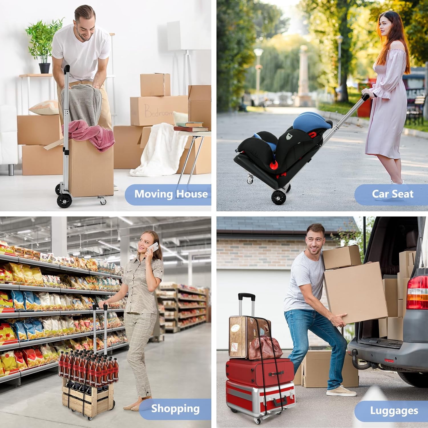 270LBS Utility Luggage Cart with 4 Wheels, 100% Aluminum Hand Truck Dolly, Folding Hand Truck with Advanced Tank Wheels, Portable Dolly Cart for Luggage, Travel, Shopping, Office Use