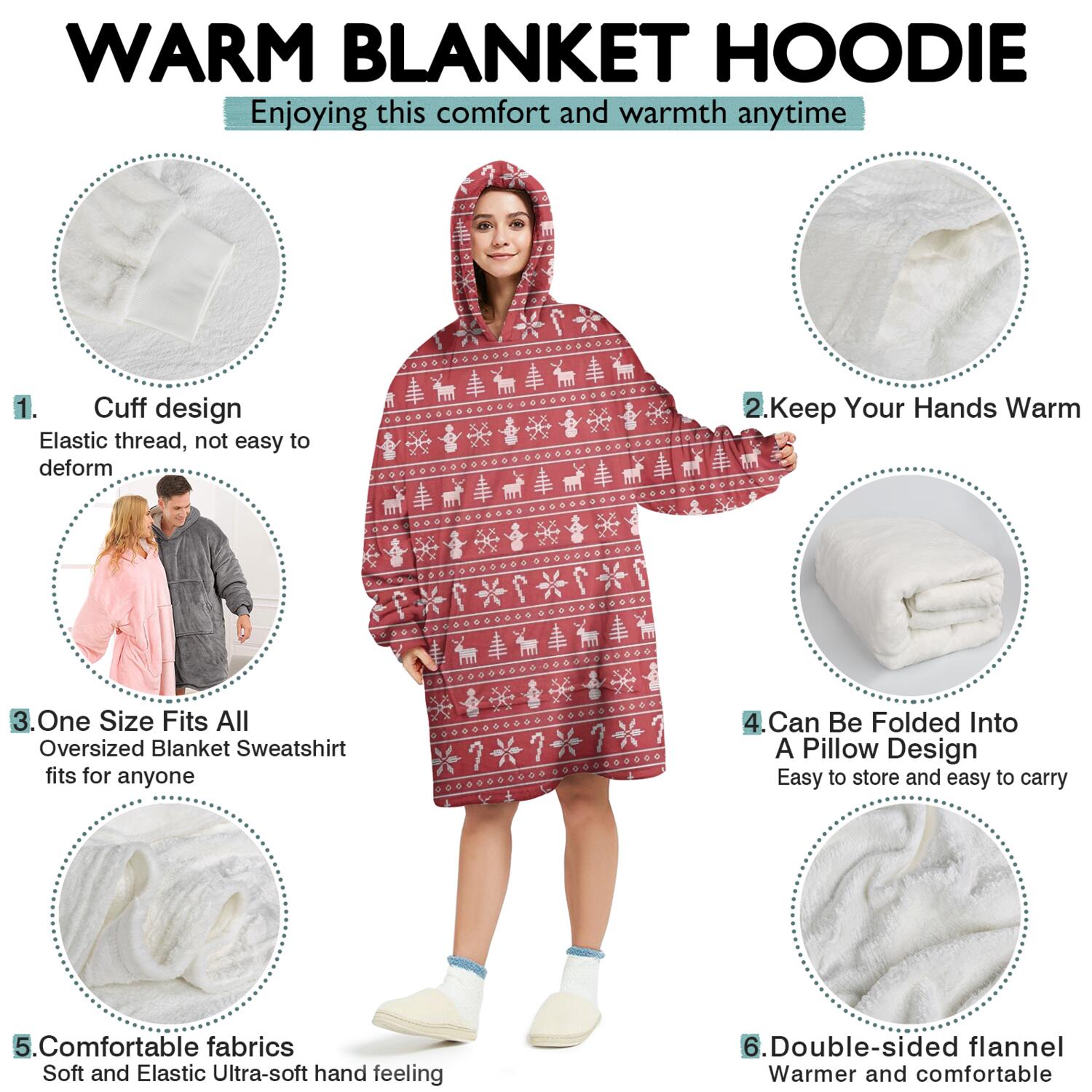 Wearable Oversized Blanket,Red Christmas Knitted Pattern Wearable Blanket Hoodie for Adults,Cozy Hooded Blankets with Super Pockets,Super Warm Fuzzy Pullover for Women & Men