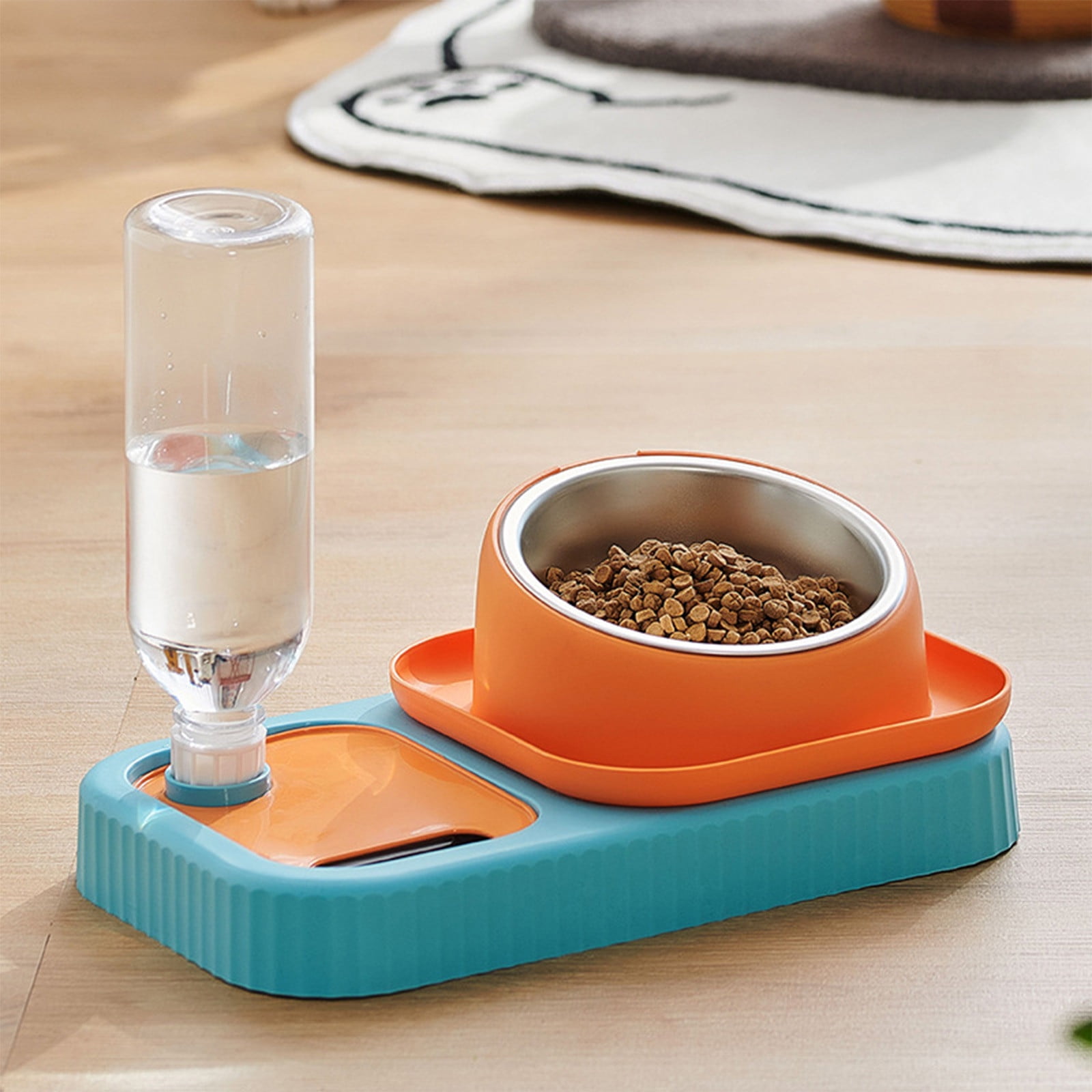 Orange Stainless Steel Double Bowl Pet Feeder Automatic Gravity Water Bowl Anti Tip For Cats Dogs Warm Water Heating