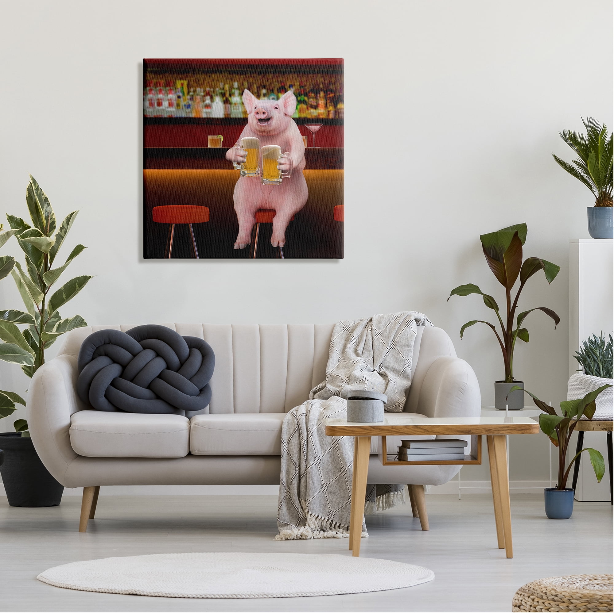 Stupell Industries Pig on Pub Bar Stool Animals & Insects Painting Gallery Wrapped Canvas Print Wall Art, 30 x 30
