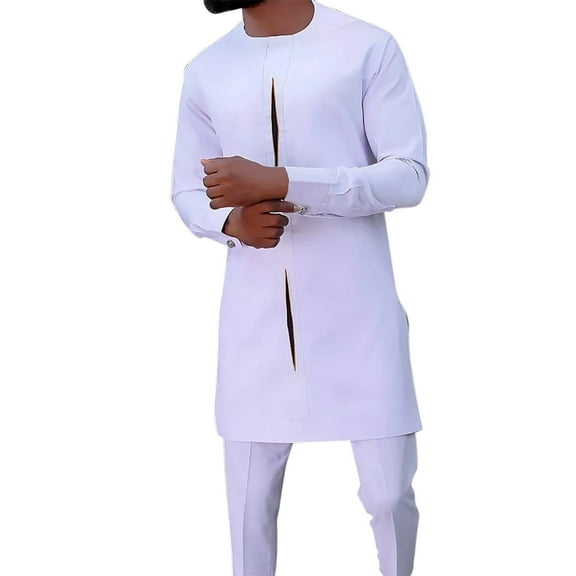 JLFKNG Men's Casual Suit African Style Long Sleeve Solid Color Shirt And Pants Suit Comfy Summer Clothes