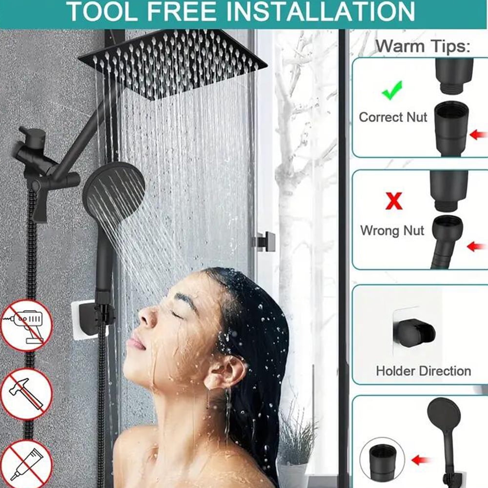 Shower Head Combo,8 Inch High Pressure Rain Shower Head with 11 Inch Adjustable Extension Arm and 3 Settings Handheld Shower Head Combo with Long Hose