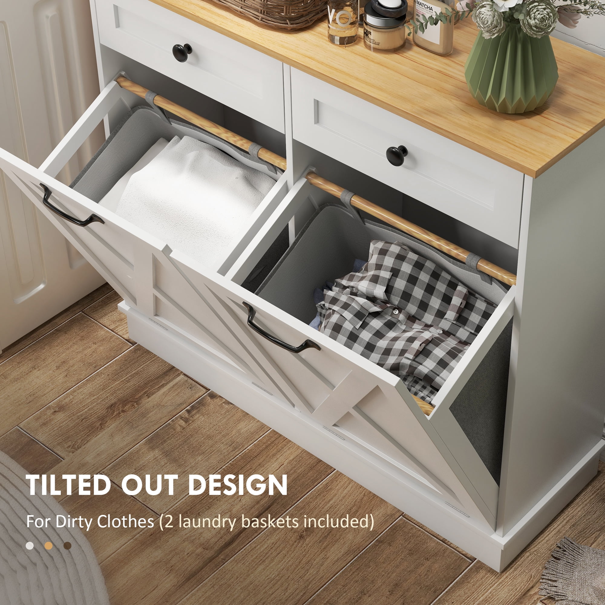 HOMCOM Tilt Out Laundry Hamper Cabinet with 2 Baskets and 2 Drawers, White