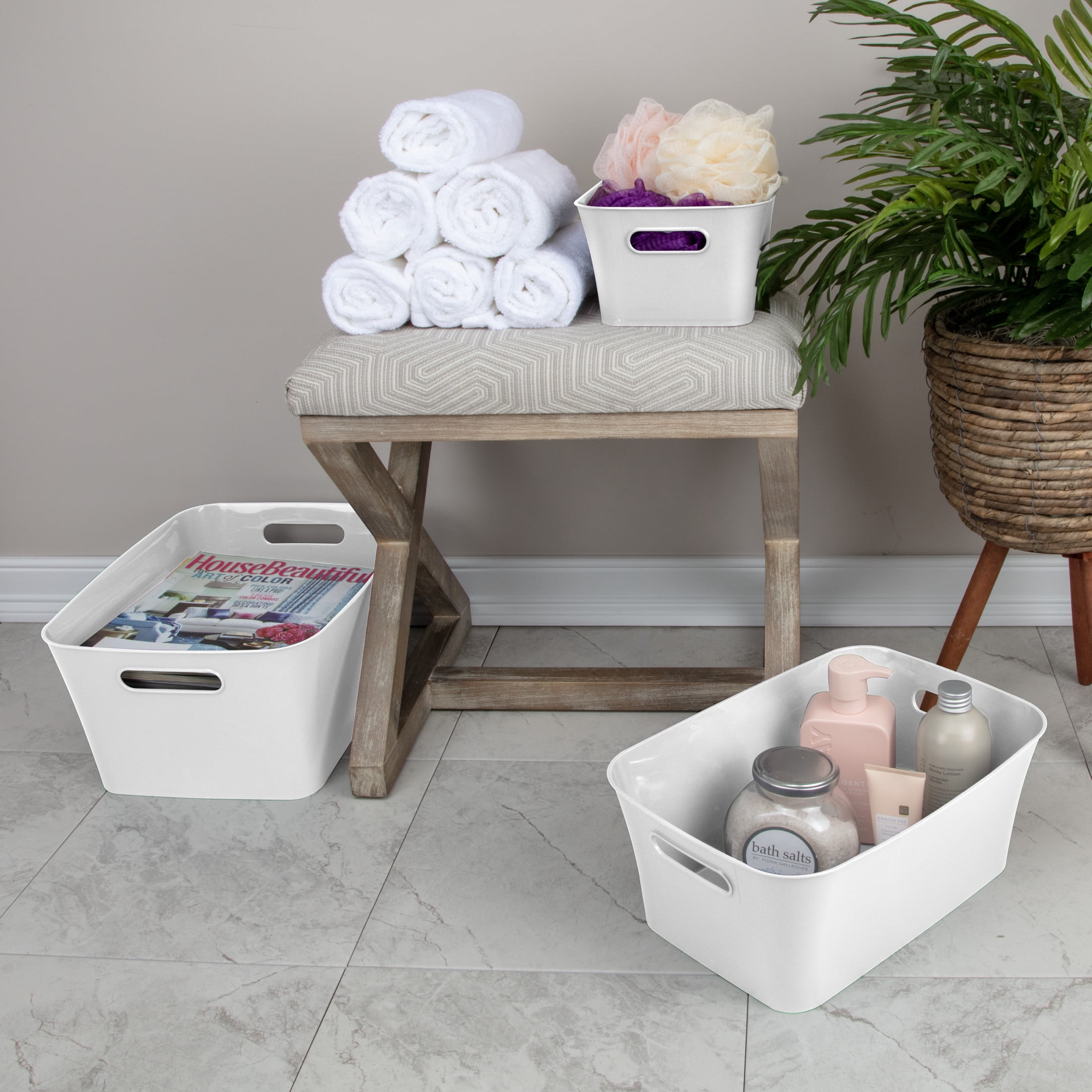 Mainstays Large Bin, Open Plastic Storage Containers, Versatile Stylish Organizers with Handles, White