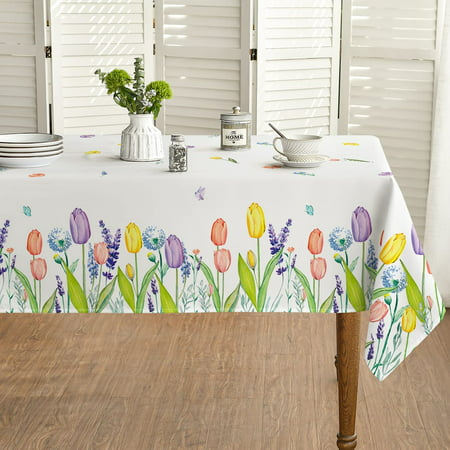 

Spring Summer Tablecloth 60x84 Inch Easter Watercolor Wild Flowers Tulip Lavender Blooming Floral Table Cover for Party Picnic Dinner Decor