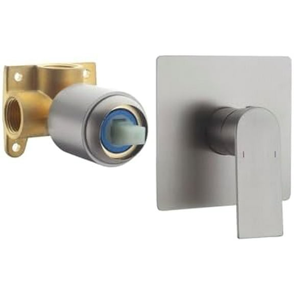 Shower Mixer Valve, Square Single Function Shower Handle Valves Single Handle Bathroom Trim Kit Rough-In Valve with 5.3 Inch Cover Pated, Brushed Nickel