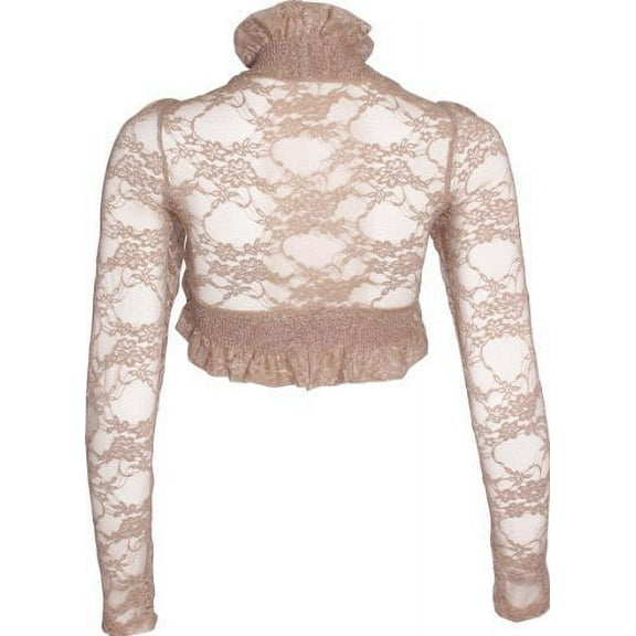 Sheer Floral Stretch Lace Bolero Cover-up Long Sleeve Junior Plus Size, XL, Taupe, X-Large, Taupe