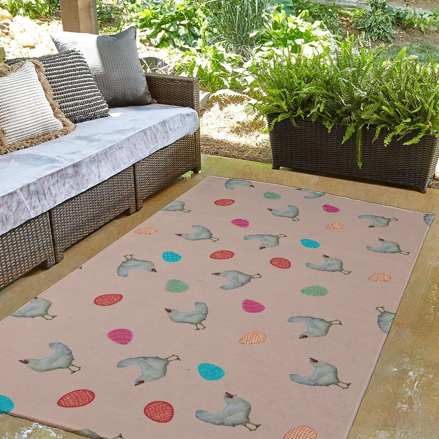 Simply Daisy 3' x 5' Sunwashed Red Chickens and Eggs Easter Chenille Indoor/Outdoor Rug