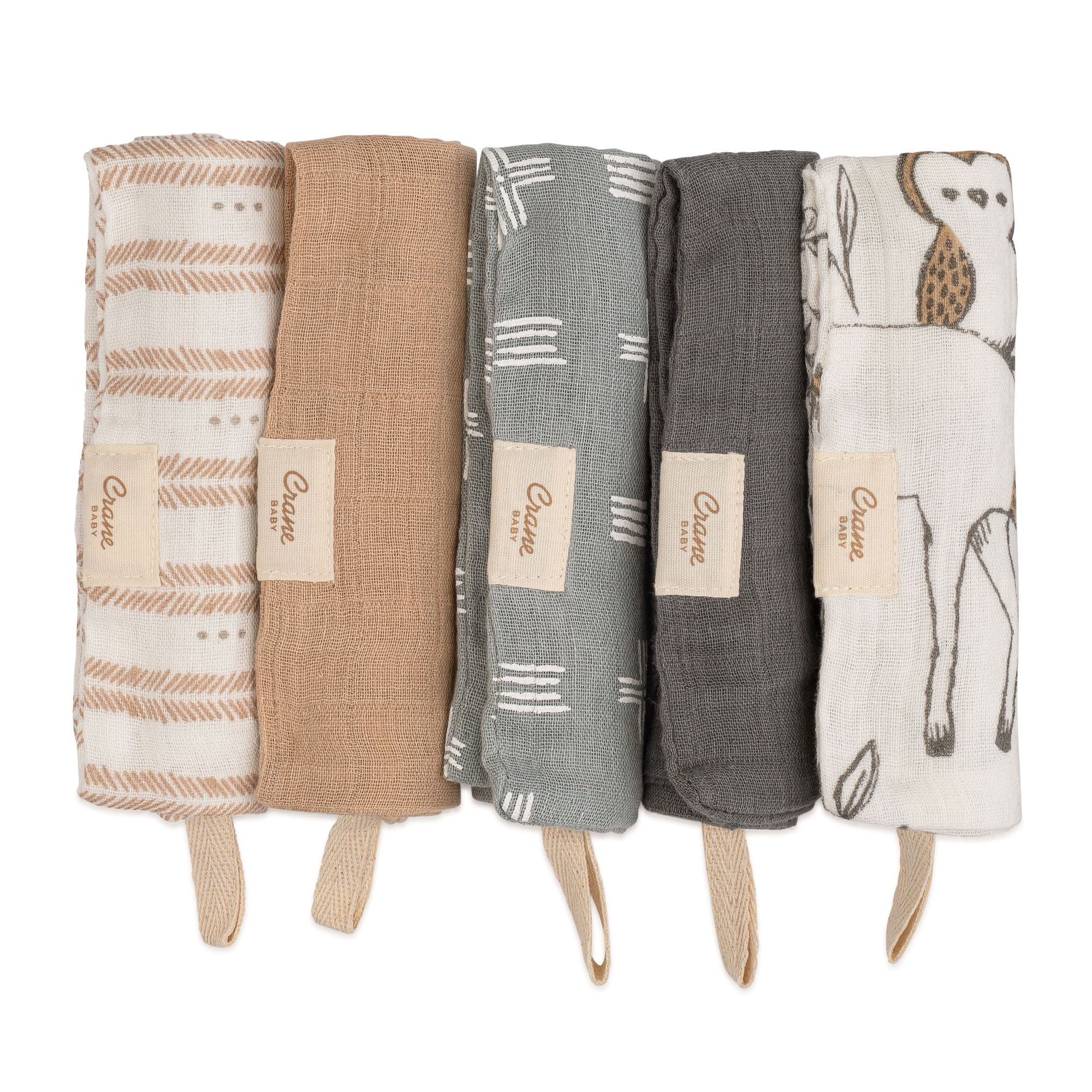 Crane Baby Wash Cloth Set, 100% Cotton Baby Washcloths, Set of 5 Baby Washcloths, Woodland Animal Theme, Baby Washcloths For Newborn, Muslin Baby Washcloths, Newborn Baby Gift, Baby Registry Gift