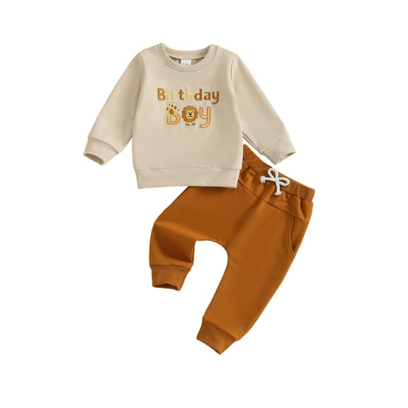 Miaouyo Toddler Baby Boy Birthday 2 Piece Fall Outfits Long Sleeve Crew Neck Letter Embroidery Tops and Elastic Waist Pants Set