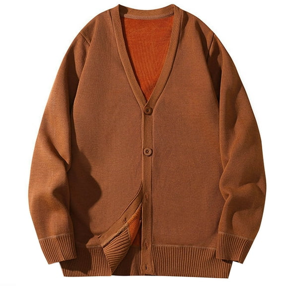 ShomPort Fleece Lined Cardigans for Mens Long Sleeve Ribbed Cuff V-Neck Button Sweaters Solid Color Winter Warm Casual Soft Coat