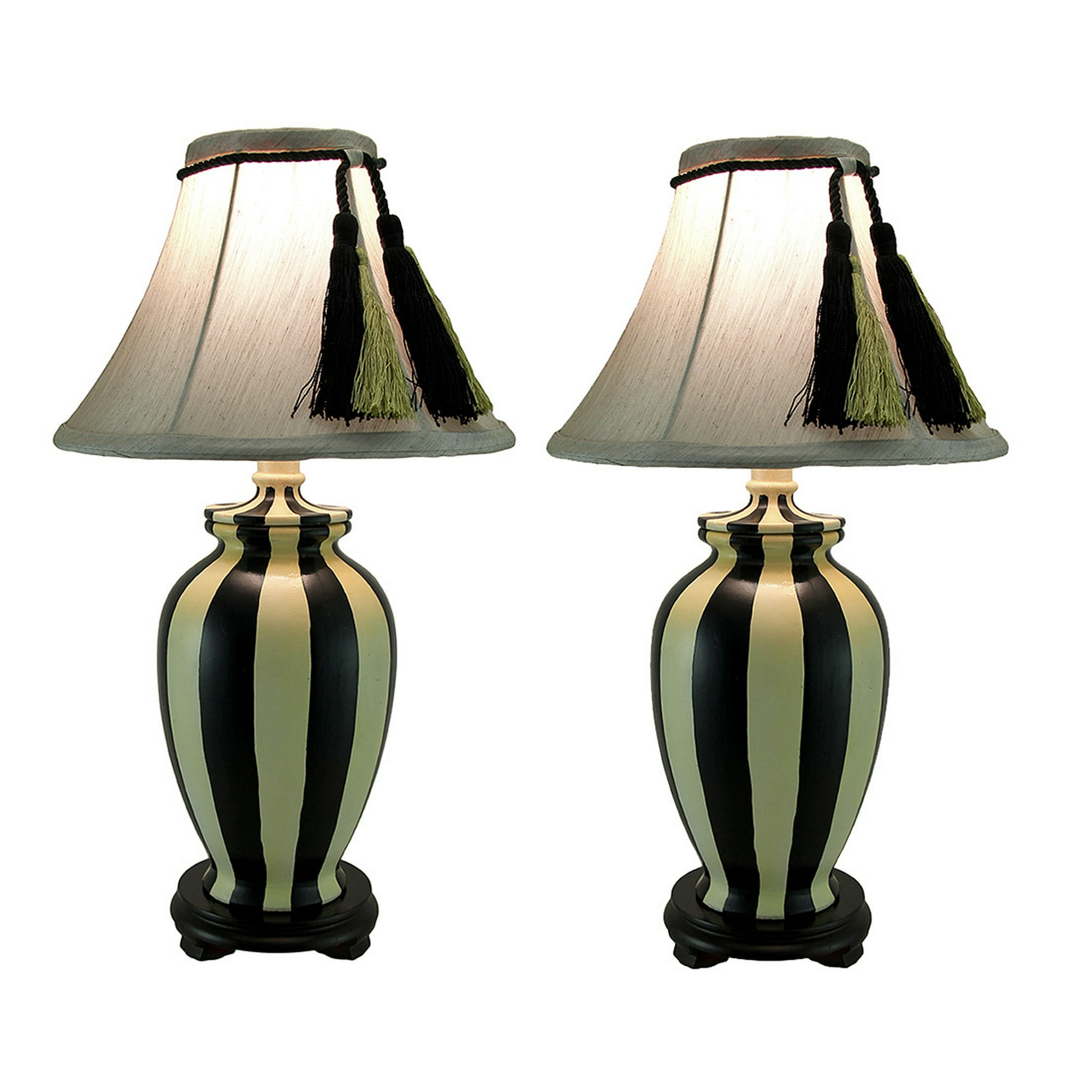 Set Of 2 Vertical Striped Ceramic Table Lamps W Tassel Shade
