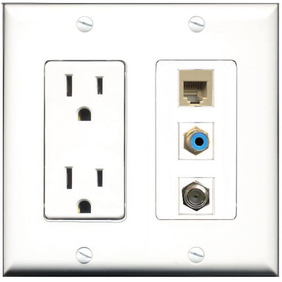 RiteAV - 15 Amp Power Outlet 1 Port RCA Blue 1 Port Coax 1 Port Phone Beige Decorative Wall Plate