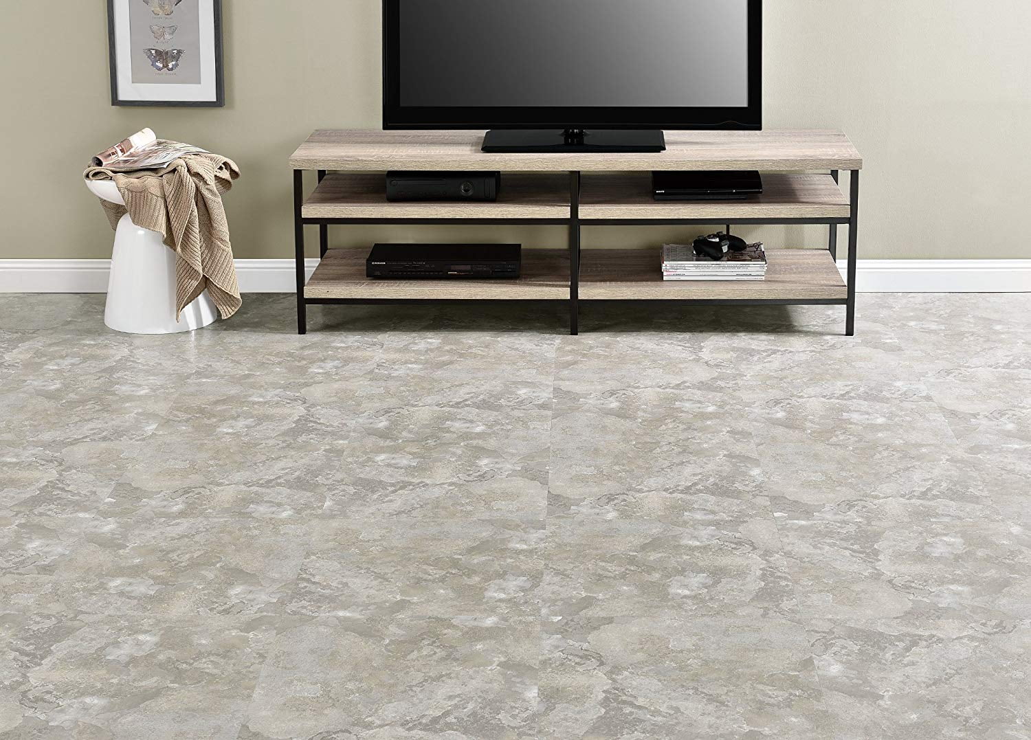 PowerSellerUSA Majestic 2mm 18"x18" Vinyl Tile, Light Gray Slate 1-Pack (10 Tiles) Self-Adhesive Peel & Stick Flooring, Waterproof Stone-Look for Kitchen Bathroom Basement